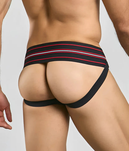 Black athletic briefs with a red and white striped waistband from men 3 inch wide classic jockstrap collection