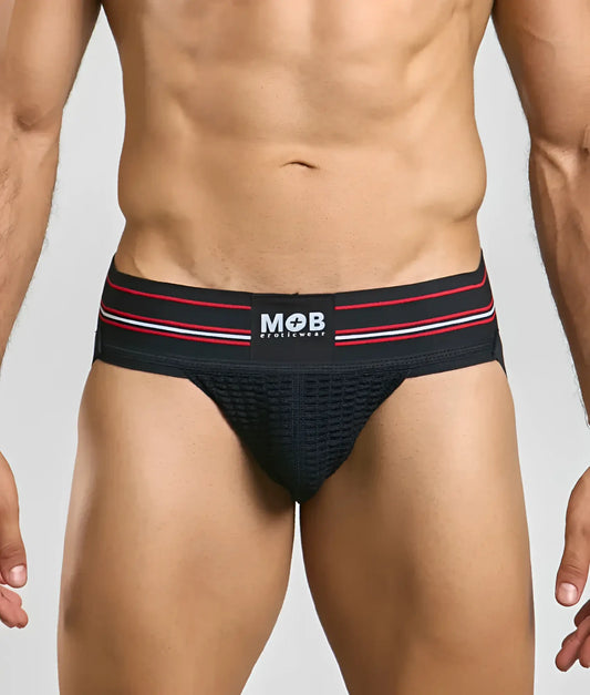 Men 3 wide classic jockstrap in black with red and white striped waistband featuring mob eroticwear logo