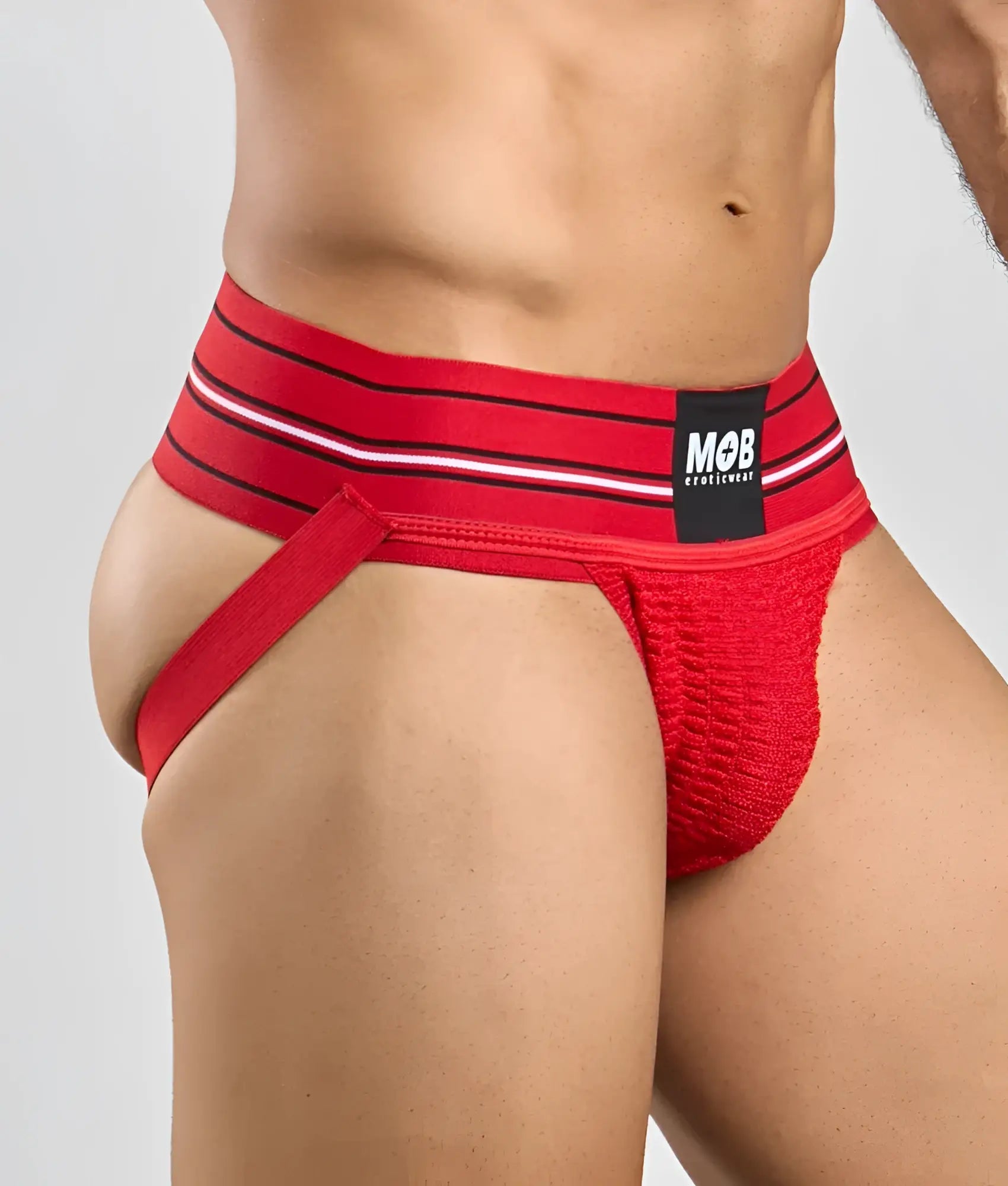 Men 3 inch wide classic jockstrap in red with black and white striped waistband featuring mob brand label