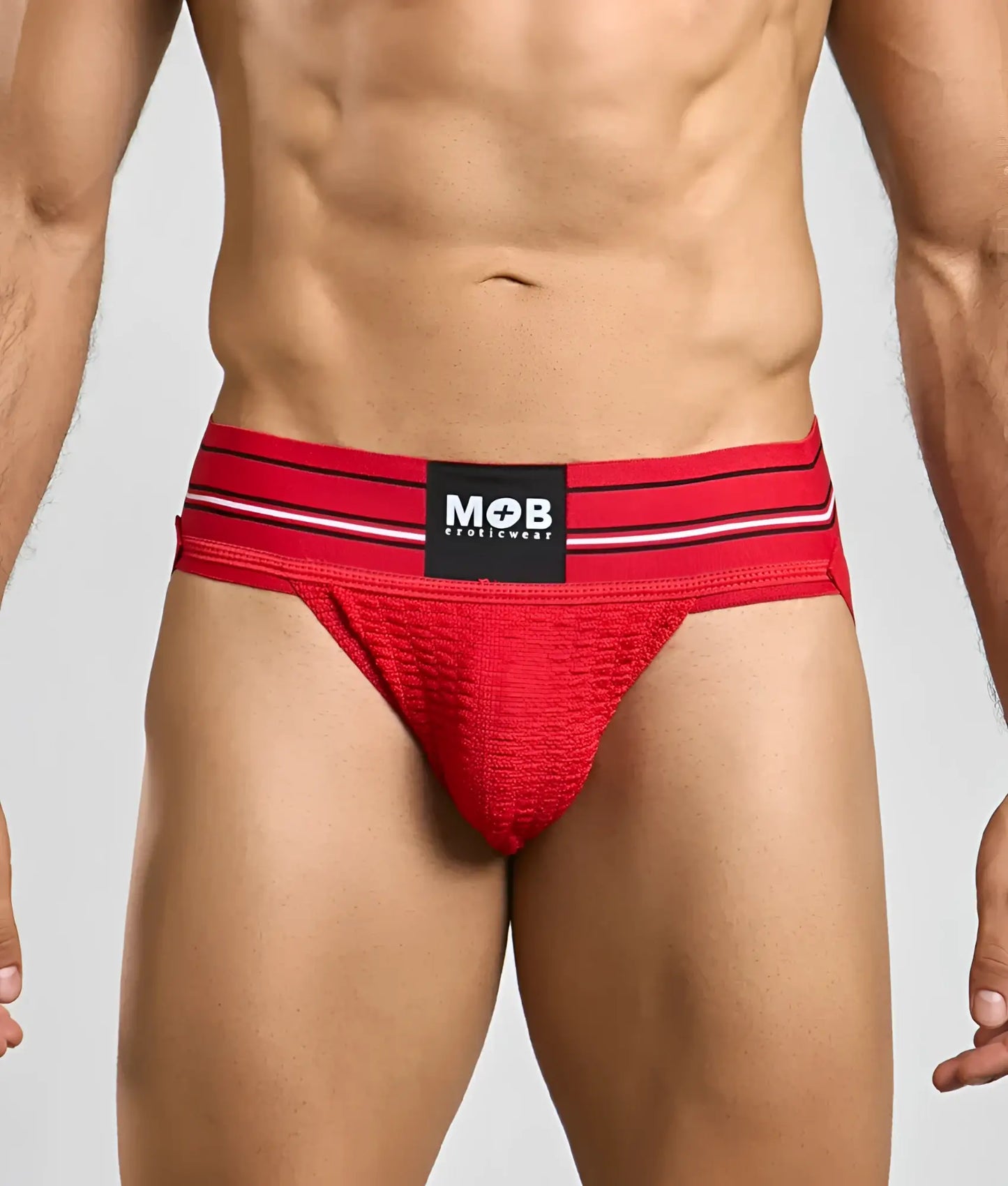 Men 3 inch wide classic jockstrap with red textured briefs and black and white striped mob eroticwear waistband