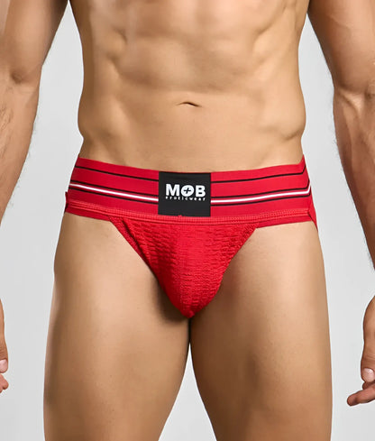 Men 3 inch wide classic jockstrap with red textured briefs and black and white striped mob eroticwear waistband