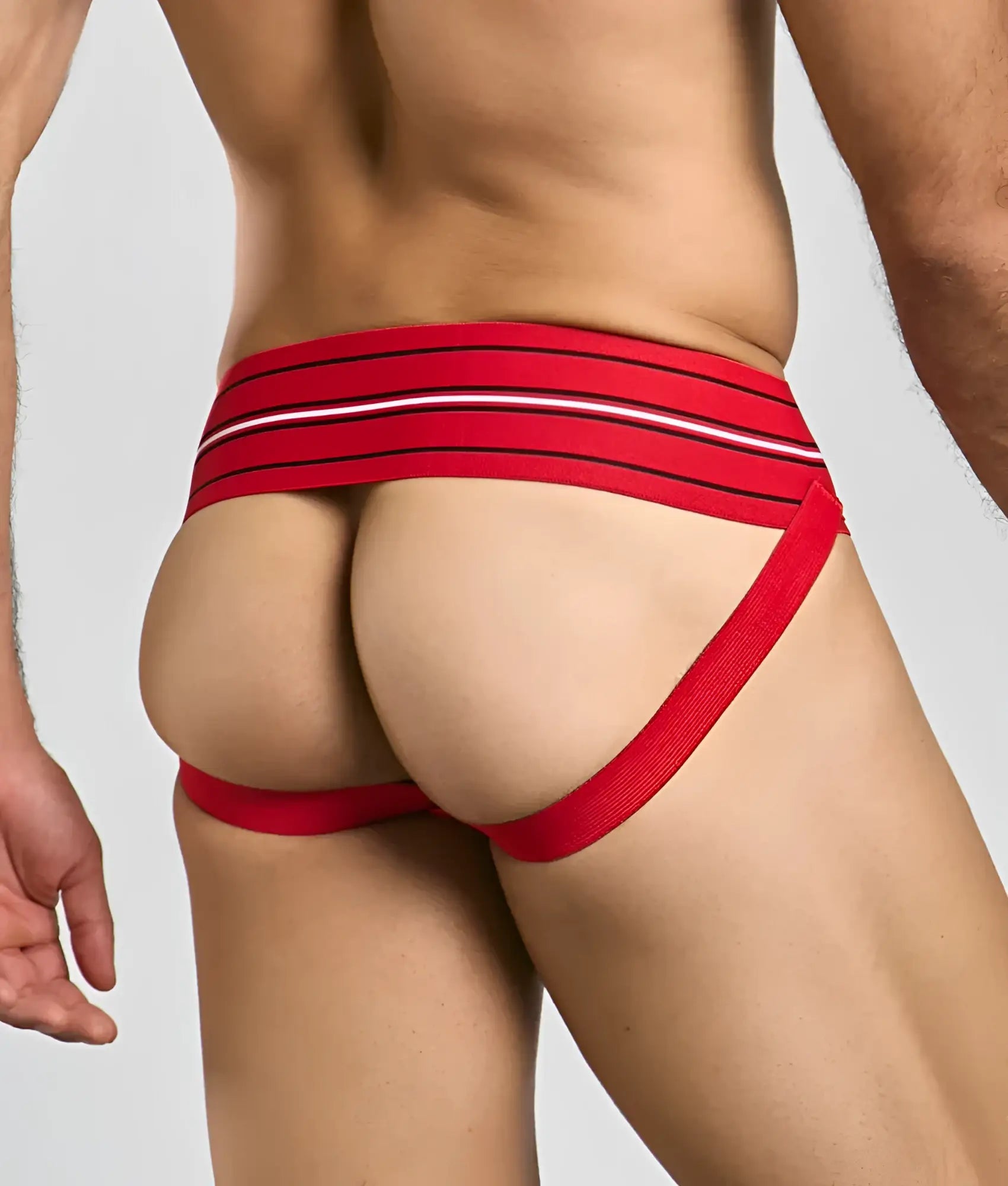 Red athletic briefs with black and white striped waistband for men 3 inch wide classic jockstrap front view