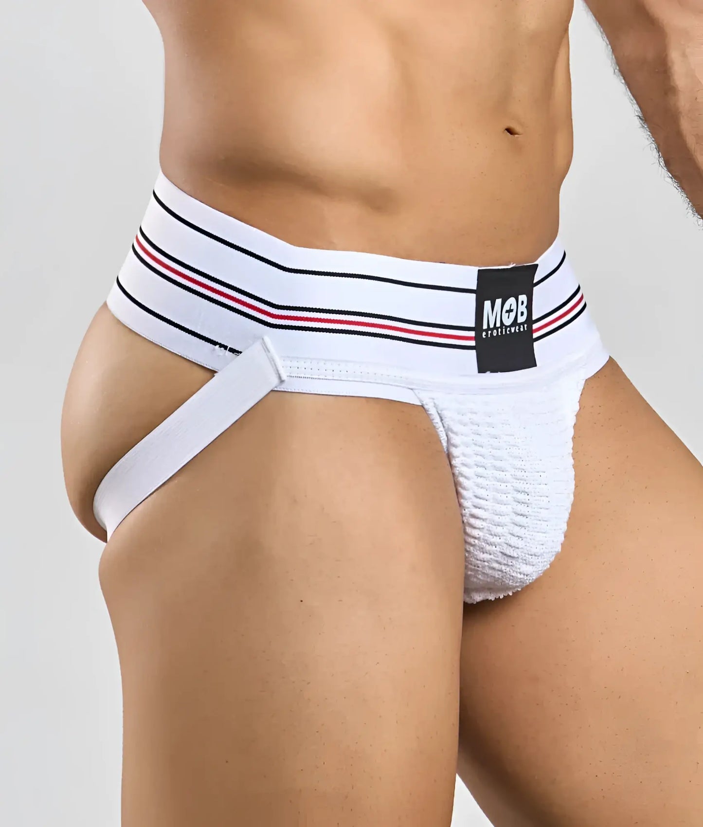 Men 3 inch wide classic jockstrap in white textured fabric with striped black and red waistband branded mob