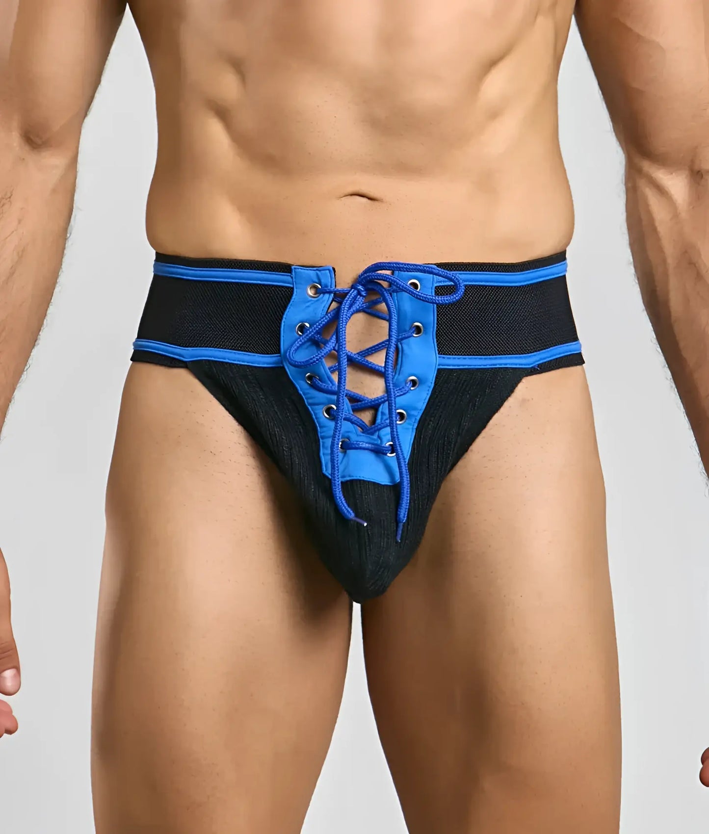 Black and blue lace-up athletic briefs with mesh texture for mob football jockstrap front view