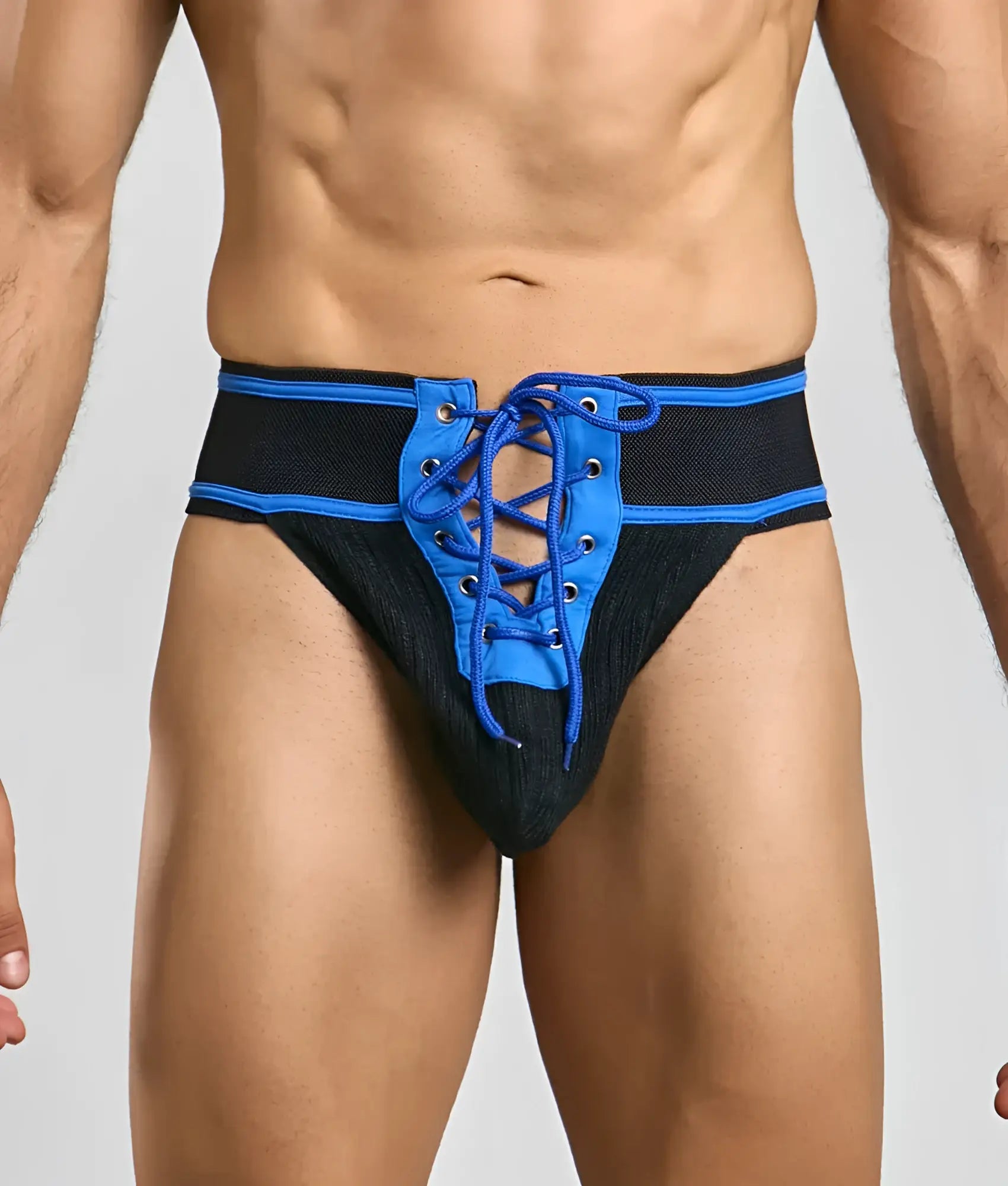 Black and blue lace-up athletic briefs with mesh texture for mob football jockstrap front view