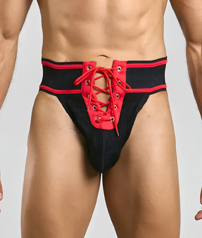 Black and red mob football jockstrap with lace-up front and textured fabric waistband for athletic support