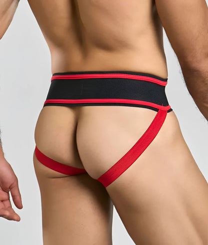 Black and red mob football jockstrap with textured waistband and matching side straps in athletic style