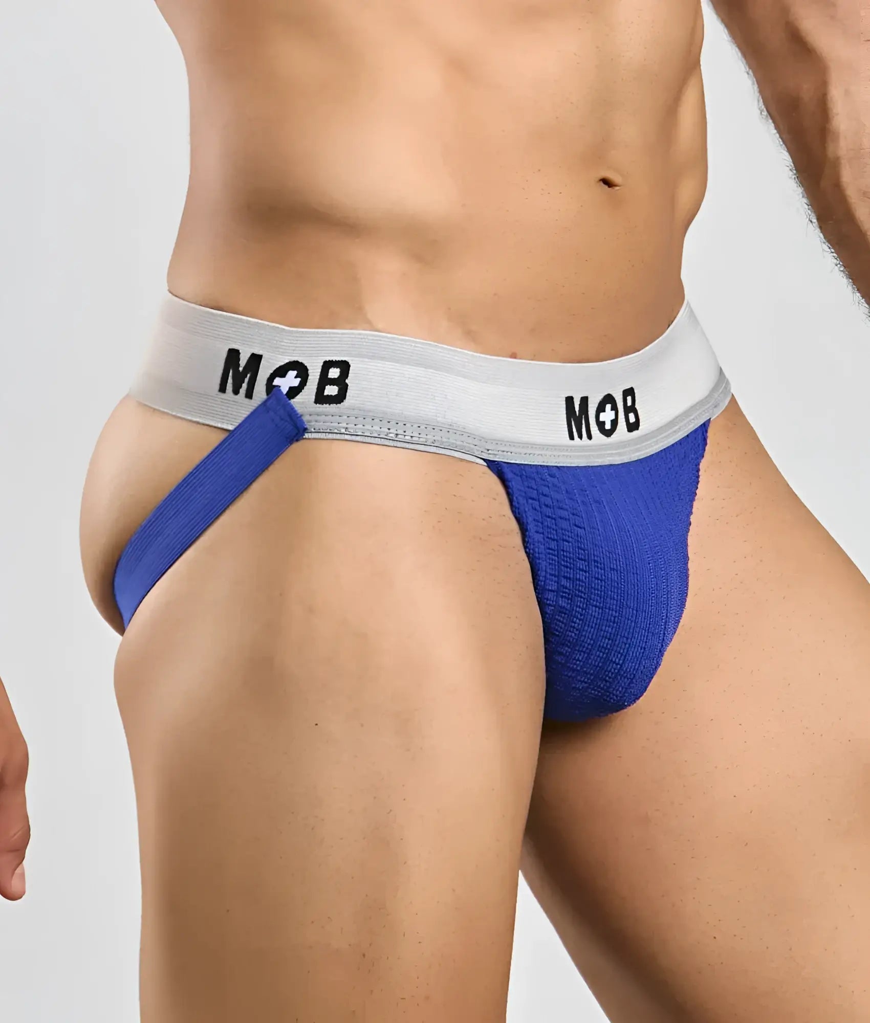 Blue textured mob classic jock 3 inches with gray waistband featuring mob logo for athletic support