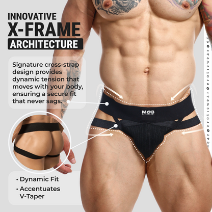 Black mob branded men’s x jockstrap athletic briefs with x-frame cross-strap design shown from the back