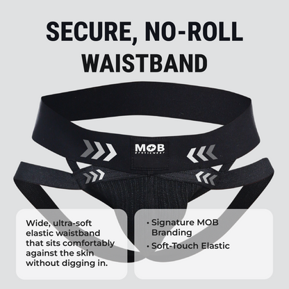 Men’s x jockstrap with black elastic waistband featuring white arrow graphics and mob eroticwear branding back side view