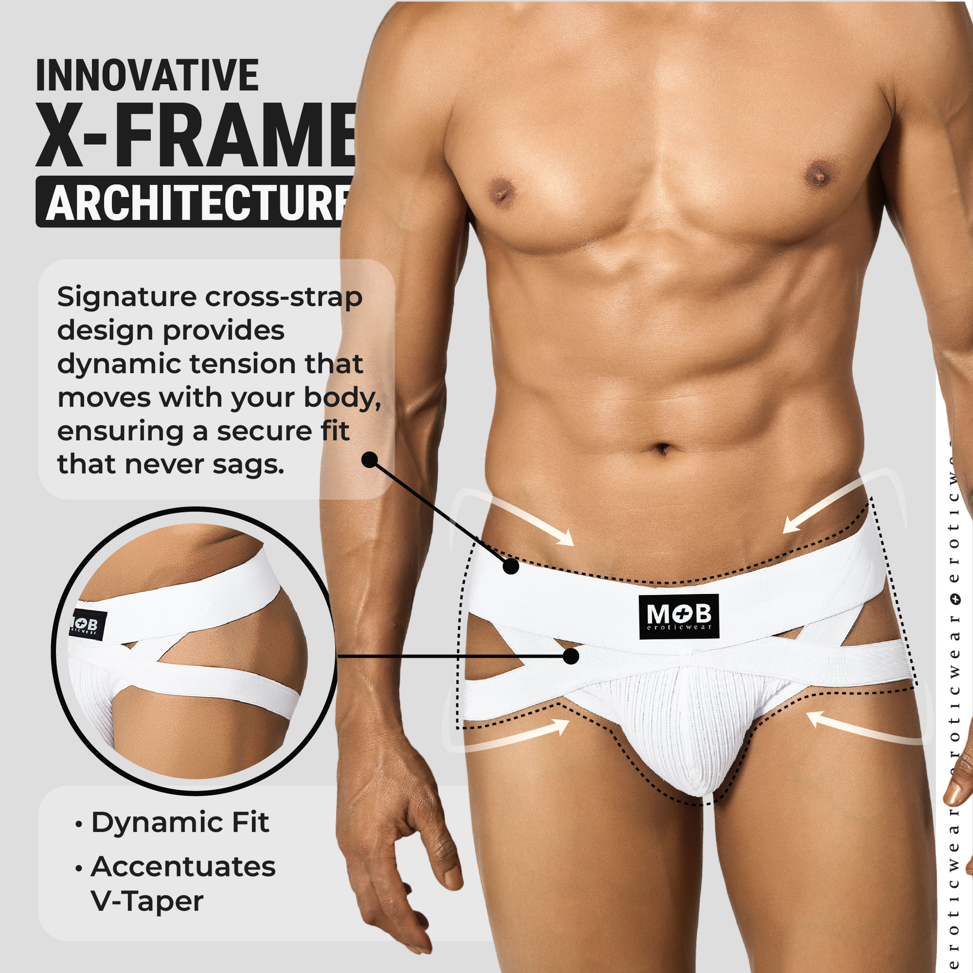 White form-fitting men’s x jockstrap underwear with x-frame design and cross-straps by mob