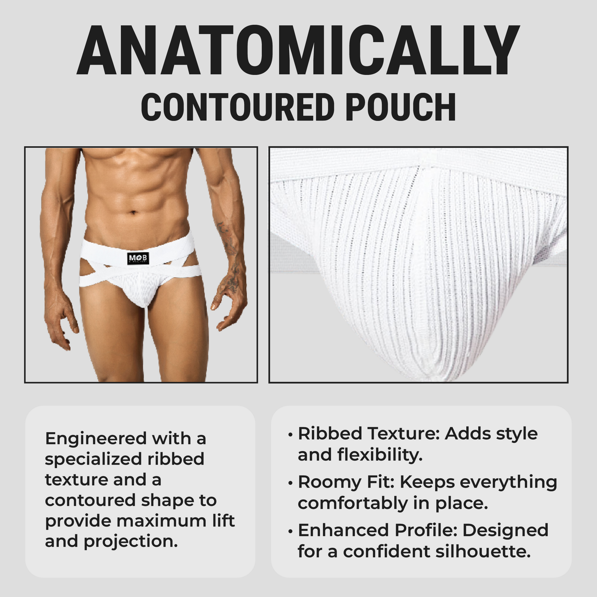 White ribbed anatomically contoured pouch jockstrap with branded waistband for men in a men’s x jockstrap product