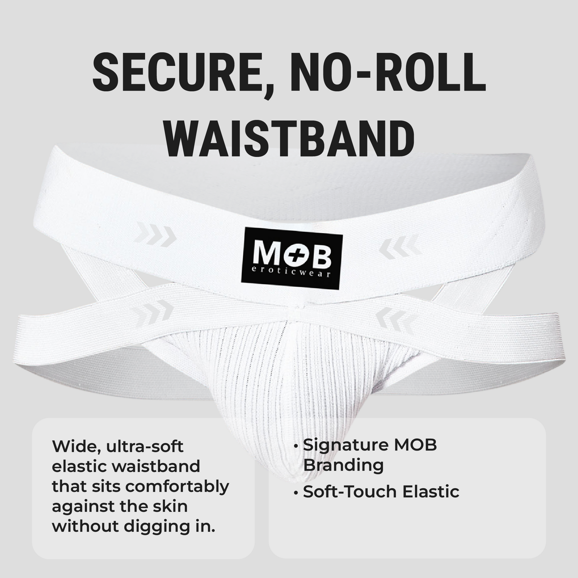Men’s x jockstrap white eroticwear briefs with secure no-roll elastic waistband and soft-touch fabric front view
