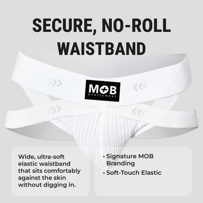 Men’s x jockstrap white eroticwear briefs with secure no-roll elastic waistband and soft-touch fabric front view