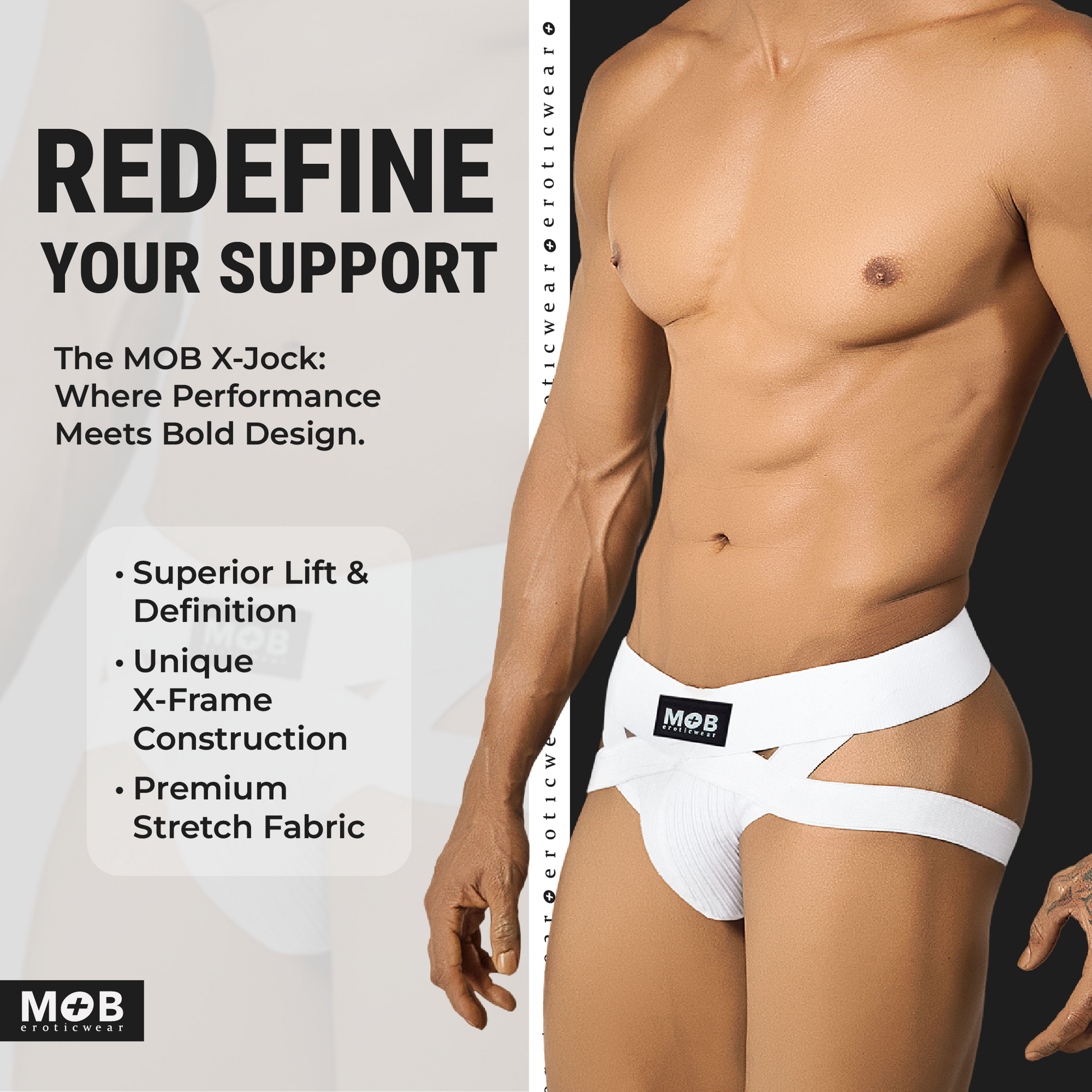 Men’s x jockstrap in white with x-frame construction and premium stretch fabric from mob eroticwear shown from back side