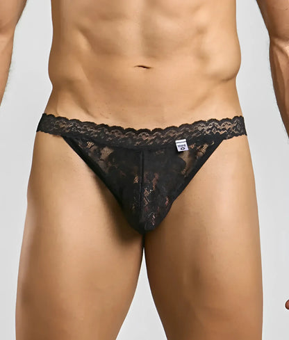 Black lace thong with intricate floral patterns and scalloped edge from mob men’s lace jockstrap collection