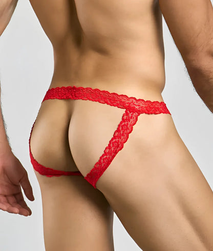 Red lace jockstrap with scalloped edge and intricate pattern by mob showing front side of the product
