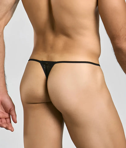 MOB men’s lace thong in black featuring a thin supportive waistband and delicate lace material