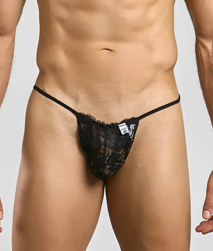 Black lace thong with thin elastic straps and white brand tag from mob mens lace thong collection