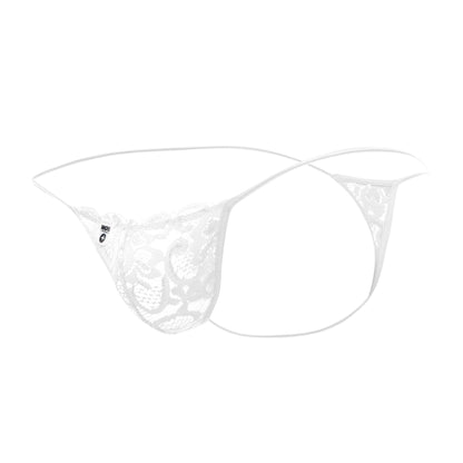Mob men’s lace thong in white with delicate floral pattern and thin elastic straps for comfortable wear
