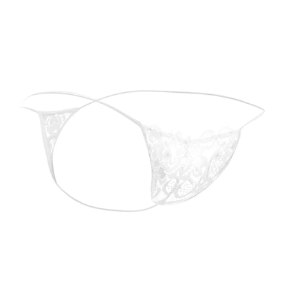White lace thong for men by MOB featuring delicate floral patterns and thin elastic straps