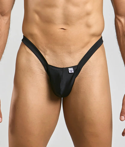 Black mob y buns thong with sleek minimalist design and small white brand tag at the front in form-fitting style