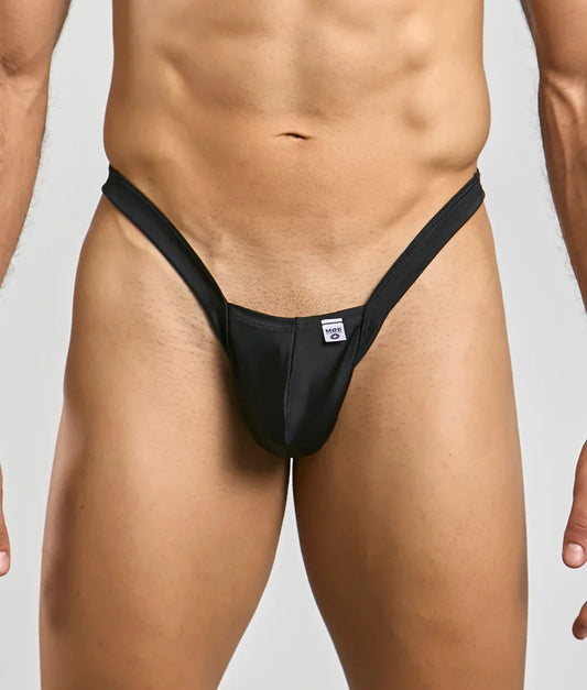 Black mob y buns thong with sleek minimalist design and small white brand tag at the front in form-fitting style