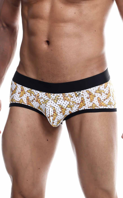 White mob aero brief with banana pattern black elastic waistband and trim for comfortable everyday wear
