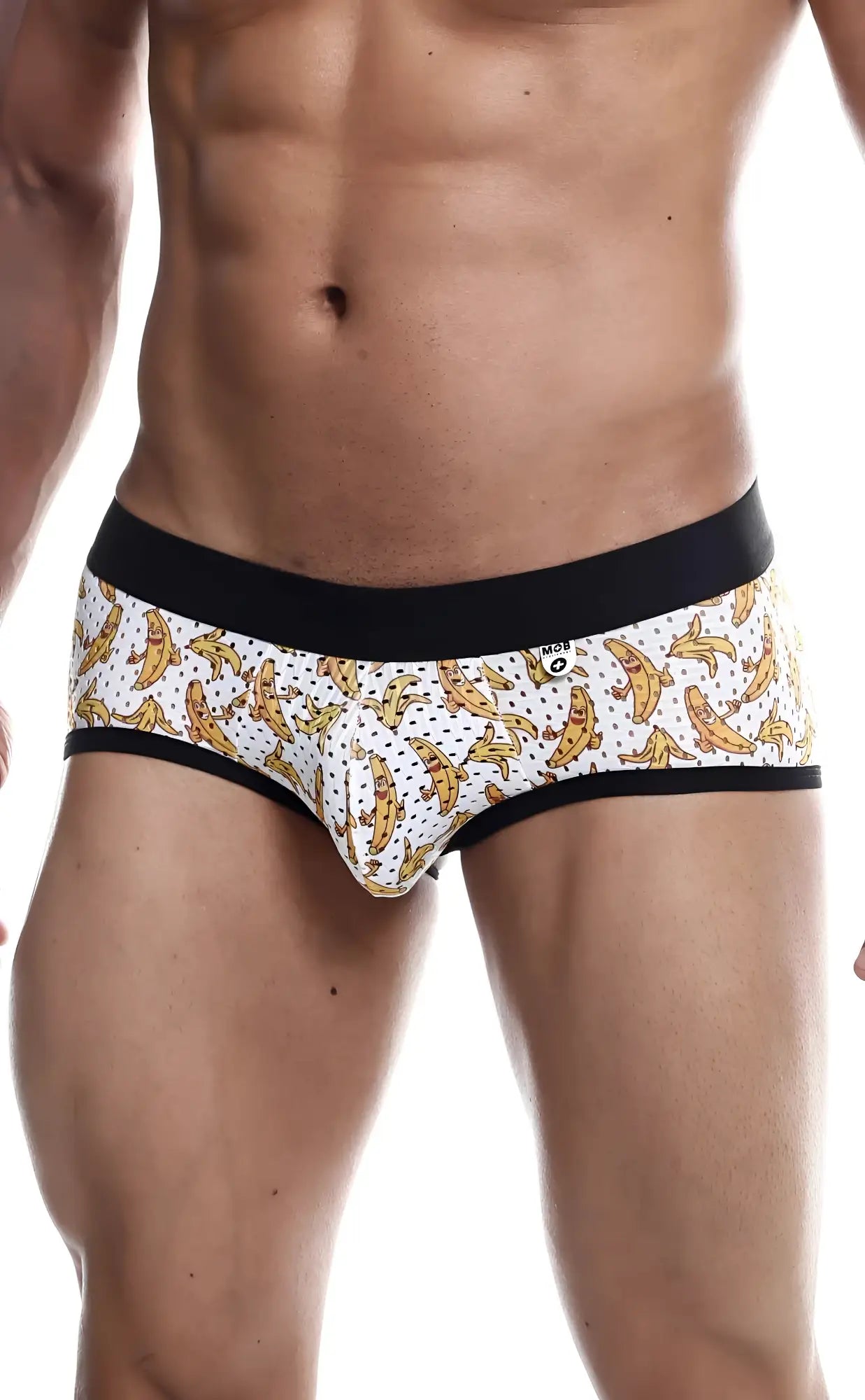 White mob aero brief with banana pattern black elastic waistband and trim for comfortable everyday wear