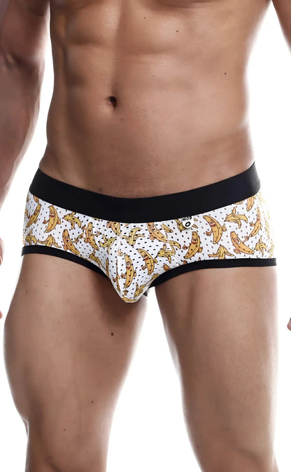 White mob aero brief with banana pattern black elastic waistband and trim for comfortable everyday wear