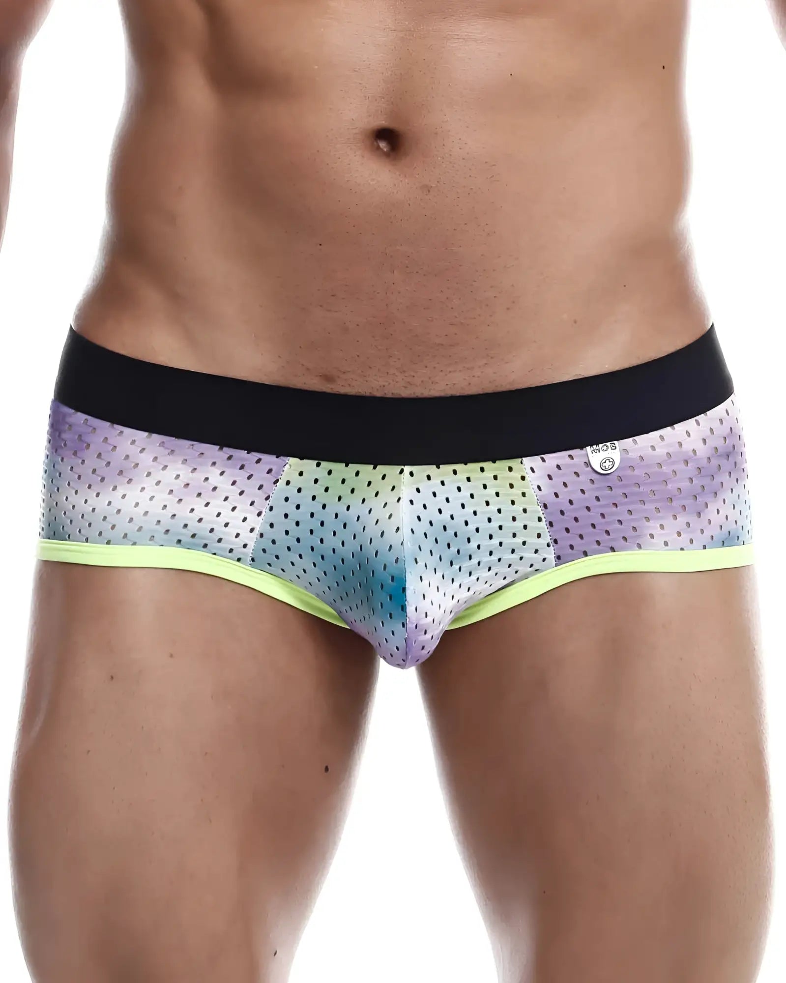 MOB Aero Brief rainbow gradient mesh briefs with black waistband and neon green trim for breathable comfort