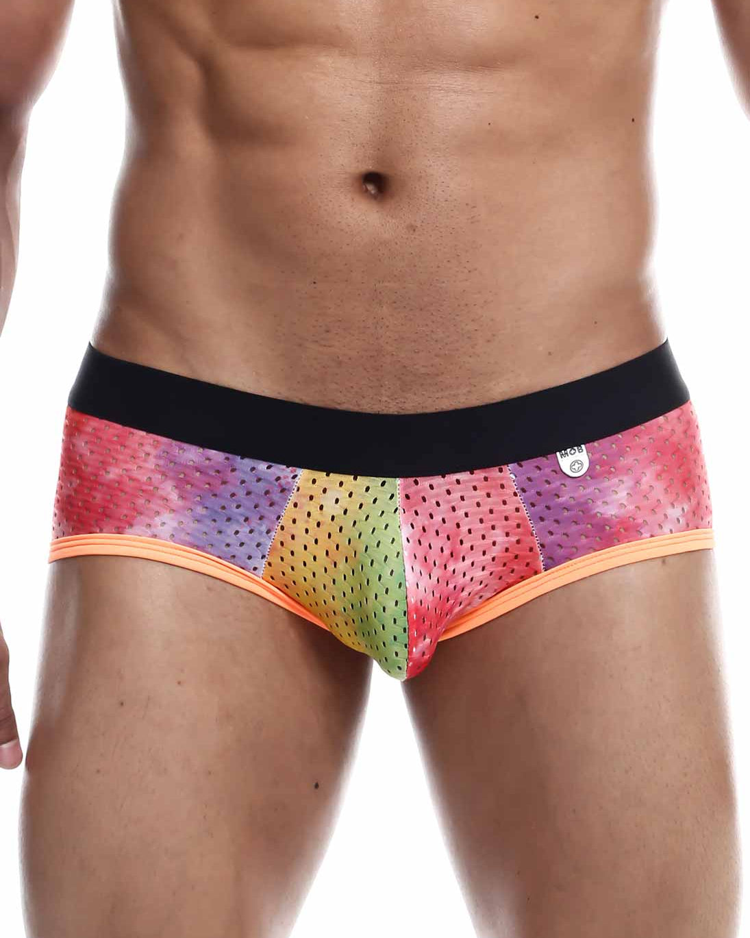 Mob aero brief rainbow-colored perforated mesh briefs with black waistband and orange trim showing front side