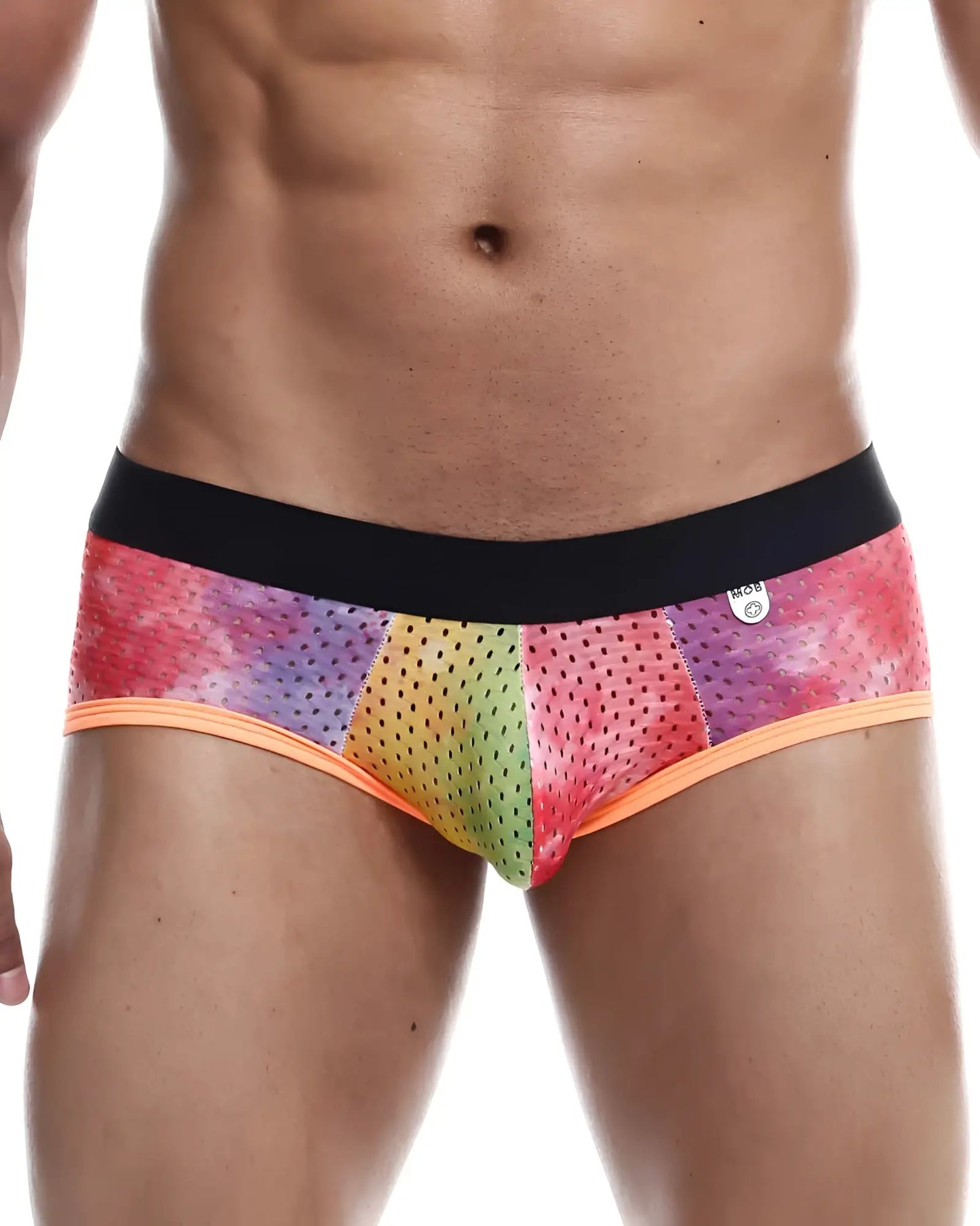 Mob aero brief rainbow-colored perforated mesh briefs with black waistband and orange trim showing front side