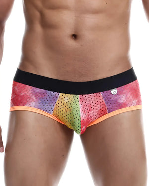 Mob aero brief rainbow-colored perforated mesh briefs with black waistband and orange trim showing front side