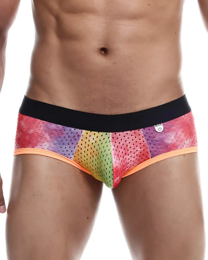 Mob aero brief rainbow-colored perforated mesh briefs with black waistband and orange trim showing front side