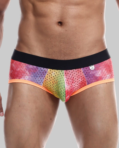 Mob aero brief rainbow-colored mesh men’s briefs with black waistband and orange trim showing front side