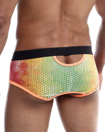 MOB Aero brief vibrant rainbow gradient mesh briefs with black waistband and orange trim front view