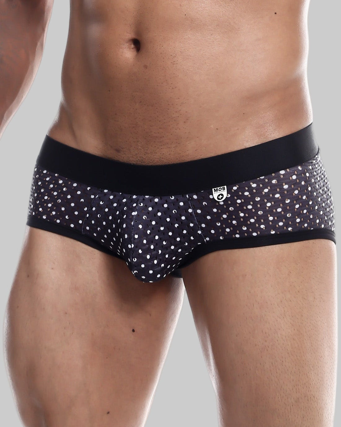 Black and white polka dot men’s briefs with black elastic waistband from MOB Aero Brief collection