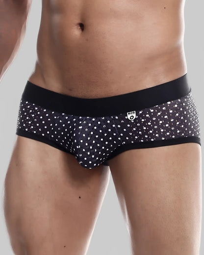 Black and white polka dot men’s briefs with black elastic waistband from MOB Aero Brief collection