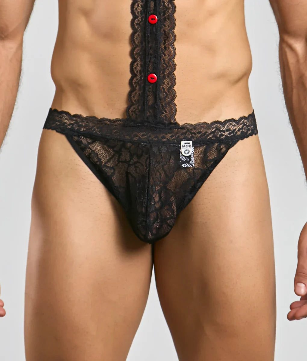 MOB tuxedo lace thong in black featuring red buttons down the center front with delicate lace material
