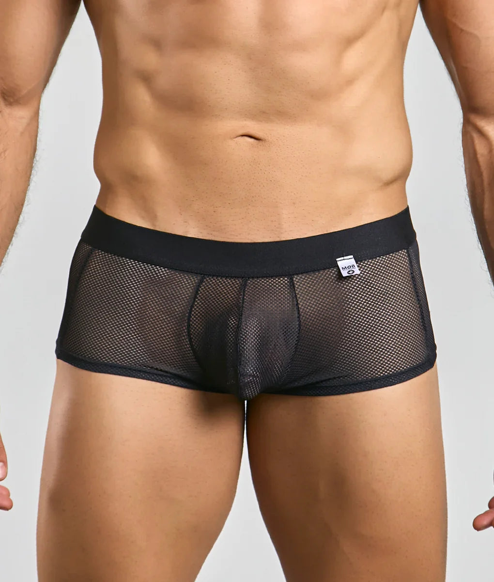 Black mesh mob fishnet boxer briefs with solid black waistband and small white brand tag visible on front