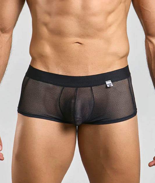 Black mesh mob fishnet boxer briefs with solid black waistband and small white brand tag visible on front