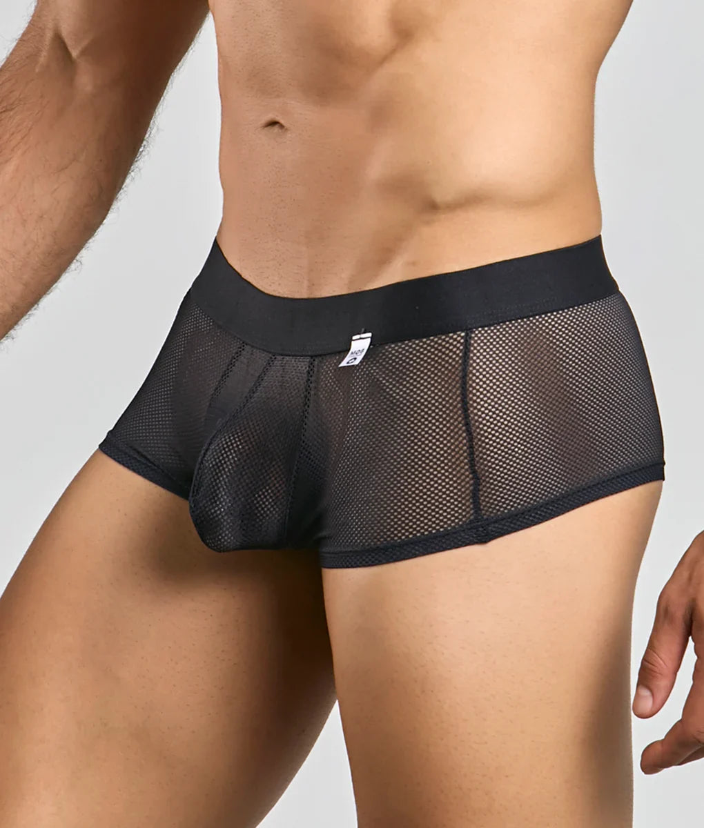 Black mesh mob fishnet boxer briefs with solid black waistband and small white tag visible on front side
