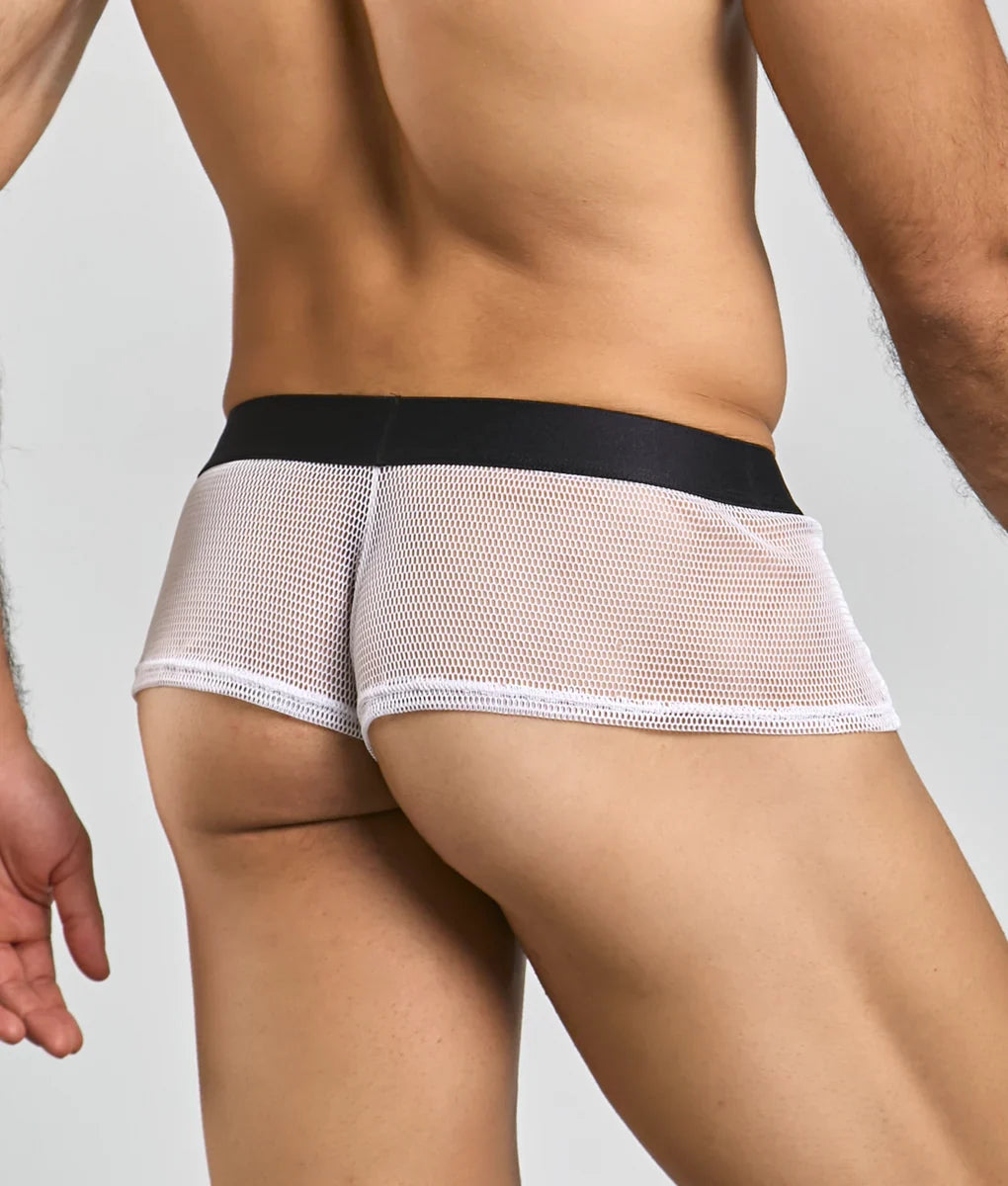 White mesh briefs with black waistband mob fishnet boxer showcasing breathable fishnet material and stylish design
