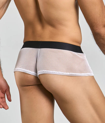 White mesh briefs with black waistband mob fishnet boxer showcasing breathable fishnet material and stylish design