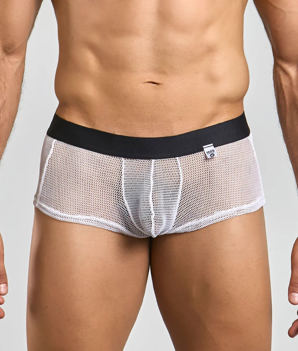 MOB fishnet boxer white mesh briefs with a black waistband designed for breathable comfort and style