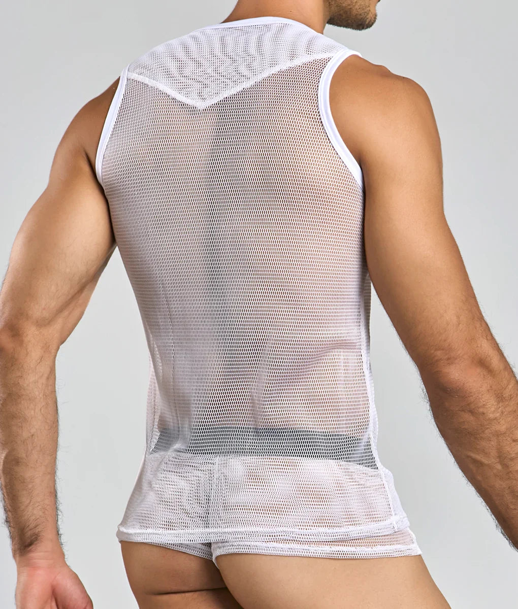 MOB fishnet tanktop white mesh v-neck with reinforced white trim edges for breathable summer wear