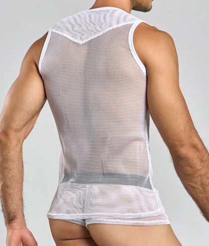 MOB fishnet tanktop white mesh v-neck with reinforced white trim edges for breathable summer wear