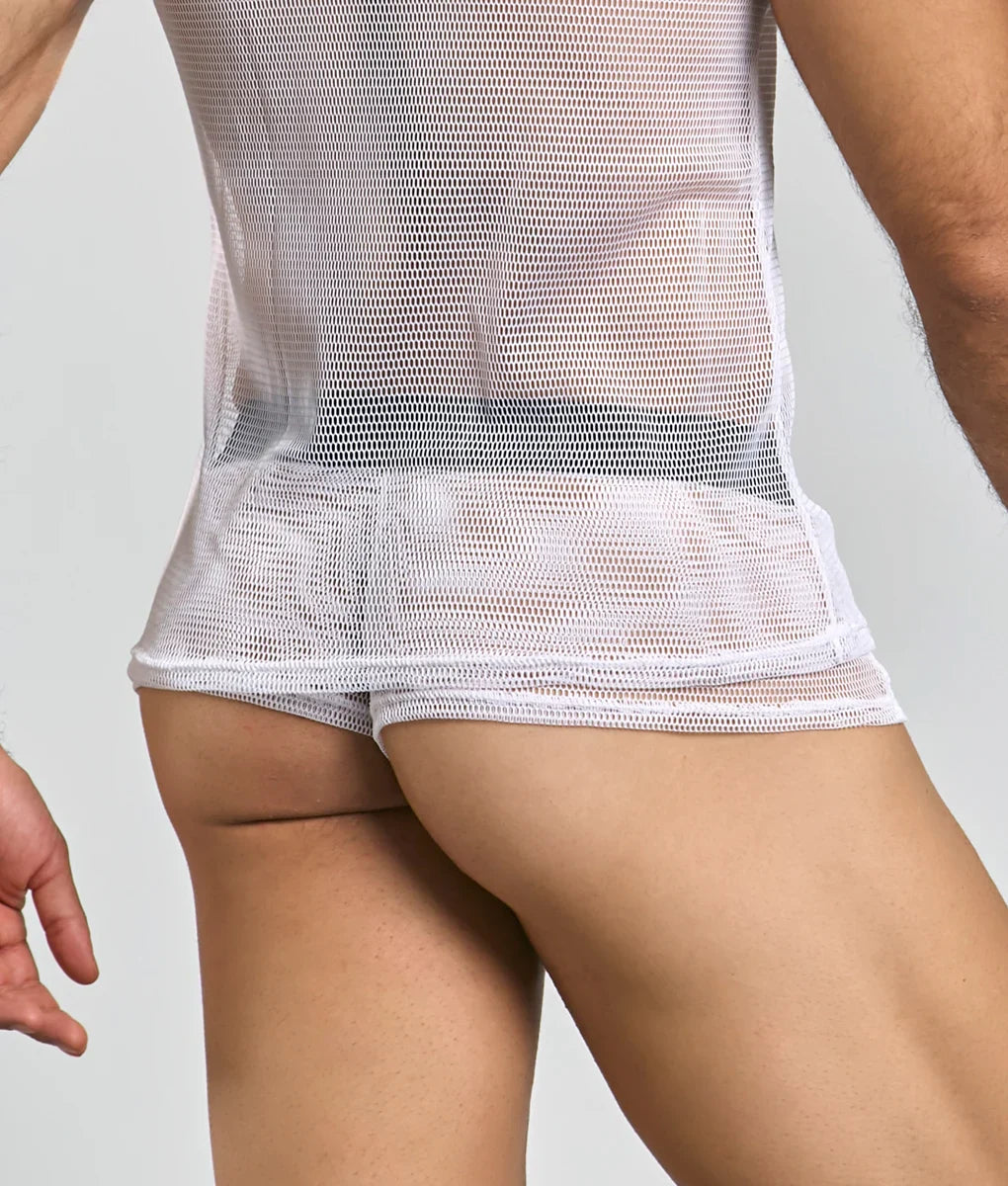 White mob fishnet tanktop with mesh material and snug form-fitting design