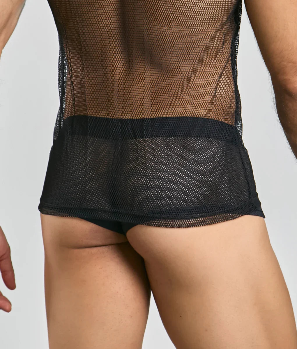 Black mesh MOB fishnet tanktop with solid black waistband showcasing breathable fishnet material